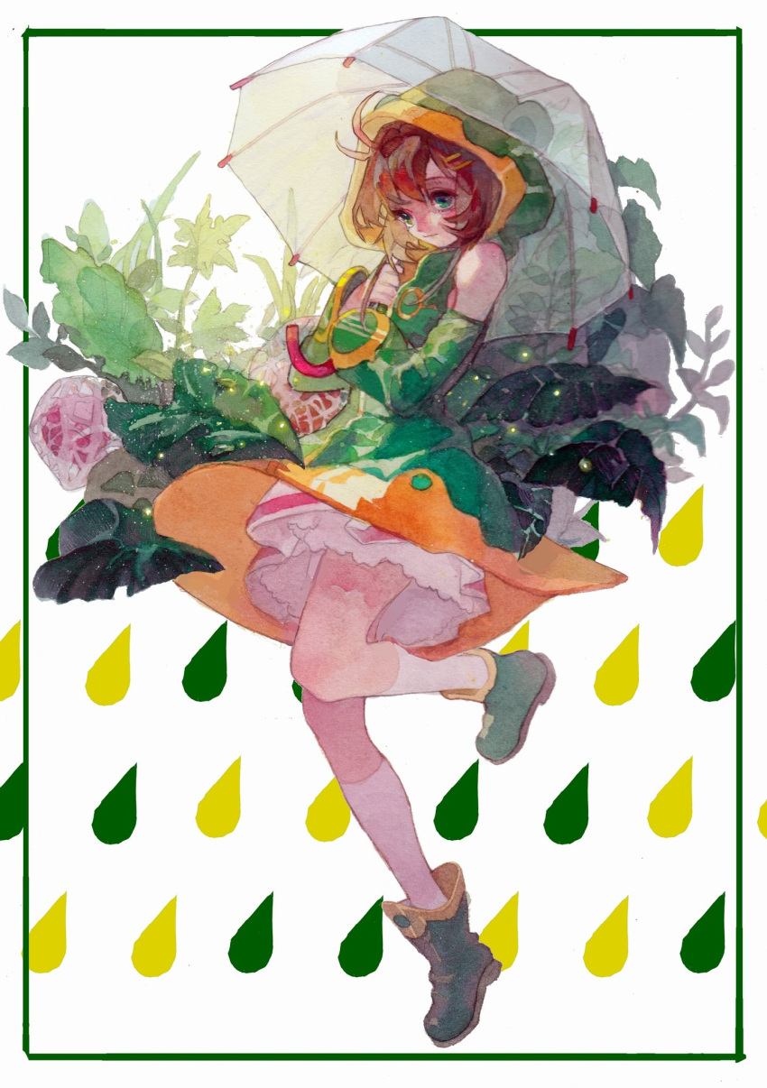 1girl boots brown_hair cardcaptor_sakura closed_mouth feet_up flower frog_raincoat full_body green_eyes green_footwear highres kinomoto_sakura pink_flower rain_boots raincoat redum4 solo umbrella water_drop