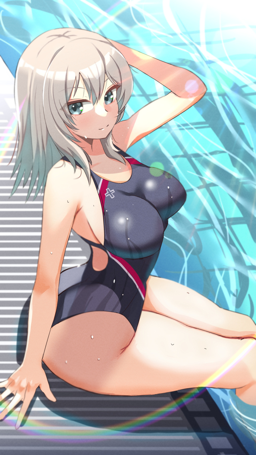 1girl blaze_(artist) blue_eyes blue_swimsuit blush breasts closed_mouth emblem girls_und_panzer highres itsumi_erika kuromorimine_(emblem) large_breasts looking_at_viewer pool shiny shiny_hair short_hair sitting smile solo swimsuit white_hair