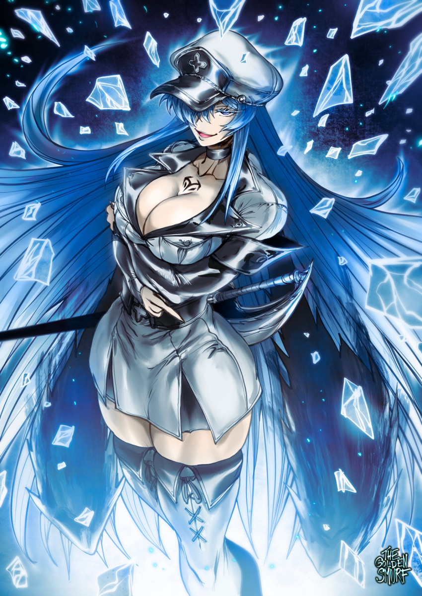 1girl akame_ga_kill! belt black_choker blue_eyes blue_hair blue_lips boots breasts chest_tattoo choker cleavage cross-laced_footwear crossed_arms dress english_commentary esdeath hair_over_one_eye hat highres ice ice_crystal lace-up_boots large_breasts long_hair looking_at_viewer military military_uniform narrow_waist pale_skin parted_lips peaked_cap plunging_neckline rapier self_hug sheath sheathed solo sword tattoo the_golden_smurf thick_thighs thigh_boots thighs uniform very_long_hair weapon white_dress white_headwear wide_hips zettai_ryouiki