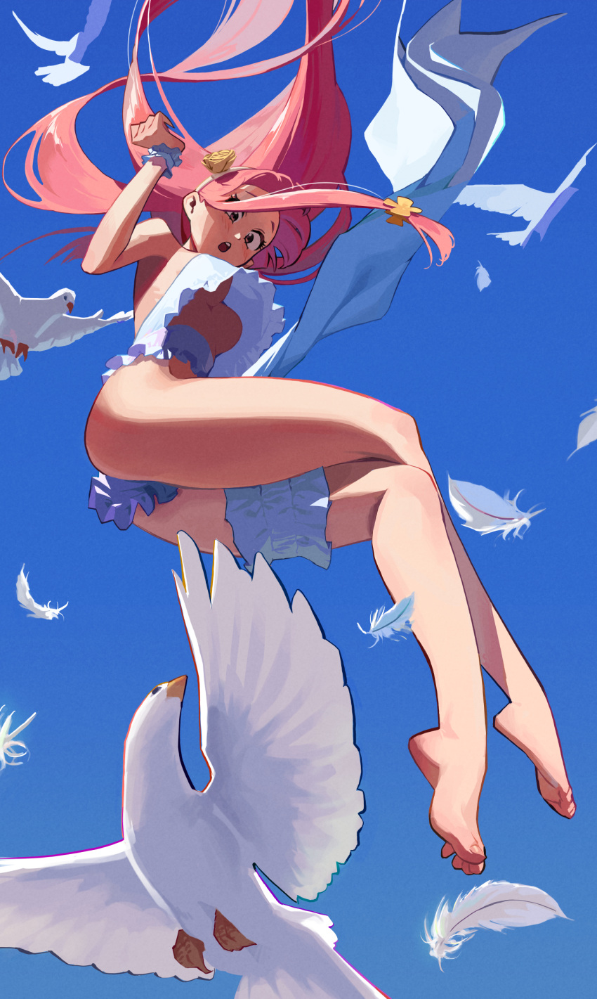 1girl absurdres animal barefoot bird blue_sky blush breasts crossed_legs dove english_commentary falling feathers flower from_below full_body hair_flower hair_ornament hairband highres long_hair medium_breasts no_bra original pink_eyes pink_hair scrunchie single_garter sky solo_focus someone_else_(artist) strapless toenails toes underboob wind wind_lift wrist_scrunchie