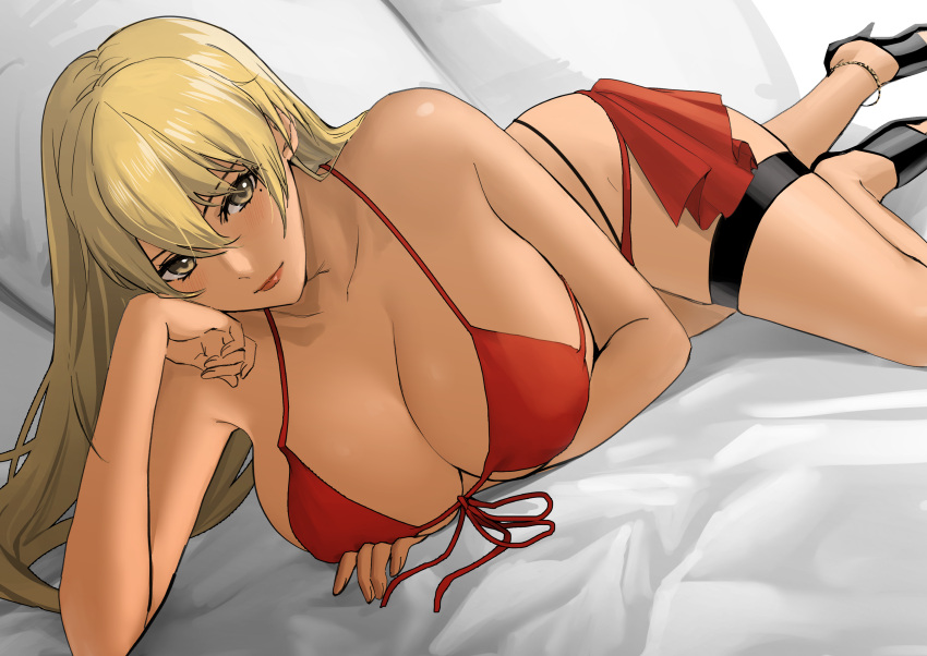 1girl absurdres anklet bikini blonde_hair breasts cleavage commission commissioner_upload dark-skinned_female dark_skin fire_emblem fire_emblem:_the_binding_blade front-tie_bikini front-tie_top high_heels highres igrene_(fire_emblem) jewelry large_breasts long_hair looking_at_viewer mole mole_under_eye non-web_source oyatsu_0 red_bikini skeb_commission solo swimsuit thigh_strap yellow_eyes