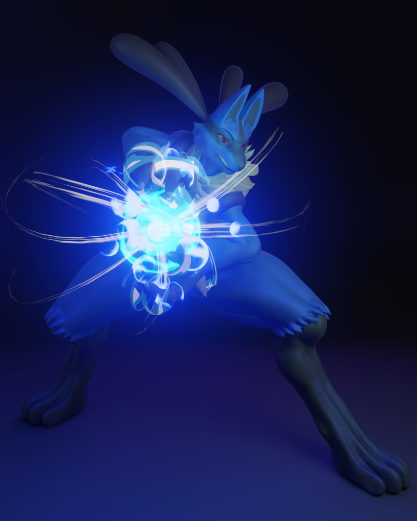 3d_(artwork) action_pose animal_humanoid anthro athletic athletic_female aura_sphere blue_body canid canine canis cho0c0 claws digital_media_(artwork) digitigrade energy energy_ball female frown fur glowing hi_res humanoid mammal muscular muscular_anthro nintendo nude pok&eacute;mon pok&eacute;mon_(species) pose red_eyes simple_background solo spikes thick_thighs video_games yellow_body yellow_fur
