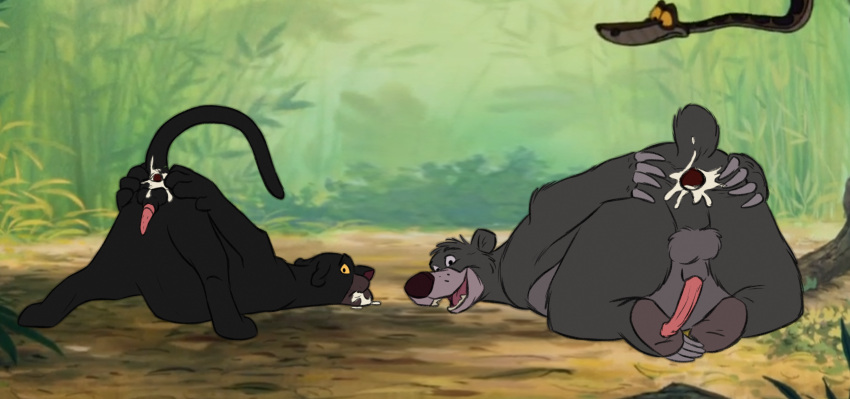 absurd_res after_anal after_sex animal_genitalia animal_penis anthro anus ass_up bagheera_(jungle_book) balls baloo barefoot black_body black_fur bodily_fluids butt cum cum_in_ass cum_in_mouth cum_inside detailed_background digital_media_(artwork) disney erection feet felid feline_penis feral forest fur gaping gaping_anus genital_fluids genitals group hi_res kaa_(jungle_book) looking_at_viewer looking_back lying magzol male mammal melanistic nude on_front open_mouth outside overweight pantherine penile_spines penis plant presenting presenting_anus raised_tail reptile scalie smile snake spread_anus spread_butt spreading the_giant_hamster the_jungle_book toes tree trio ursid ursine_penis