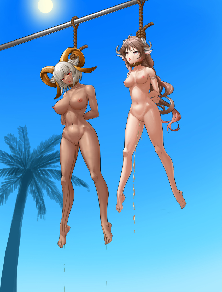 absurd_res animal_humanoid areola arknights bodily_fluids bovid bovid_humanoid brown_eyes brown_hair caprine caprine_humanoid carnelian_(arknights) death execution eyjafjalla_(arknights) female genital_fluids genitals goat_humanoid hair hands_behind_back hanged hi_res horn humanoid hypergryph incontinence inner_ear_fluff mammal mammal_humanoid nipples noose nude pussy red_eyes renone snuff studio_montagne tears tongue tongue_out tuft urine video_games wetting white_hair