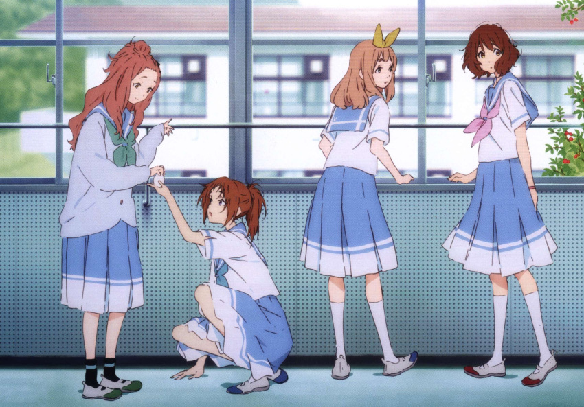 4girls :o artist_request bangs black_socks blonde_hair blue_cardigan blue_neckerchief blue_sailor_collar blue_skirt brown_eyes brown_hair building cardigan closed_mouth egg green_eyes green_neckerchief hair_ribbon hands_up hibike!_euphonium highres indoors kenzaki_ririka kitauji_high_school_uniform kneehighs kneeling liz_to_aoi_tori long_hair long_sleeves looking_at_another looking_back looking_down looking_up multiple_girls nakagawa_natsuki neckerchief official_art orange_hair oumae_kumiko parted_lips pink_neckerchief pleated_skirt ponytail purple_eyes ribbon sailor_collar scan school_uniform serafuku shirt shoes short_hair short_sleeves skirt smile socks standing uniform uwabaki white_footwear white_shirt white_socks window yellow_ribbon yoshikawa_yuuko