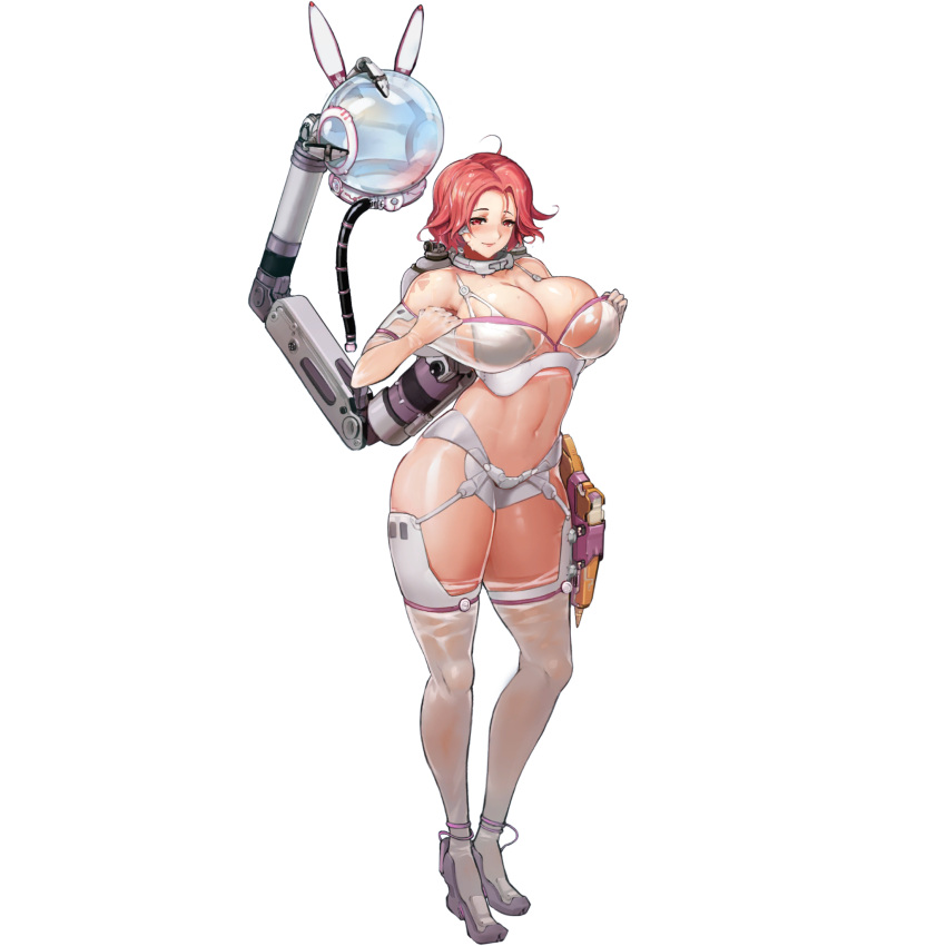 1girl ahoge bare_shoulders bikini blush bodysuit breasts collar crotch_plate curvy fortune_(last_origin) full_body game_cg garter_belt headwear_removed helmet helmet_removed high_heels highres huge_breasts large_breasts last_origin looking_at_viewer mechanical_arms mechanical_parts navel off_shoulder official_alternate_costume official_art open_mouth pulled_by_self red_eyes red_hair revealing_clothes see-through short_hair sima_(startwitch) single_mechanical_arm smile solo swimsuit tachi-e thighhighs thighs transparent_background undressing wet white_bikini