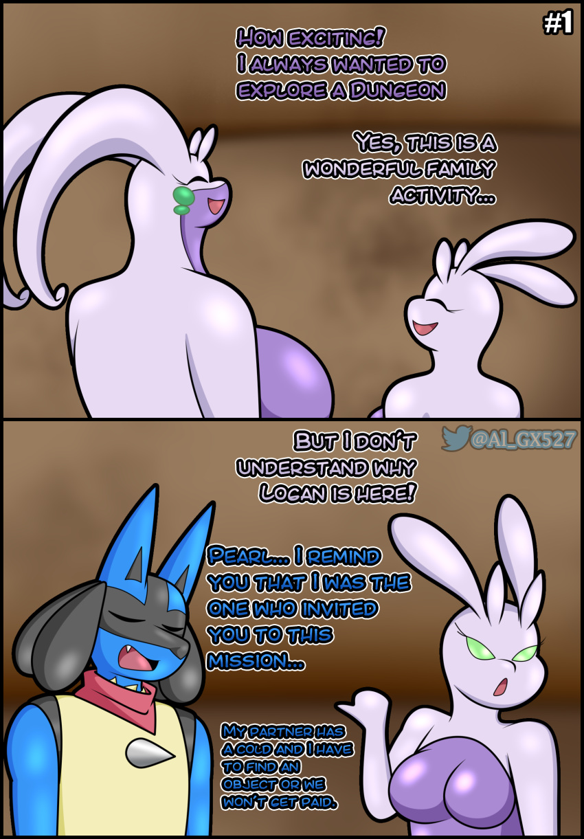 absurd_res al_gx anthro big_breasts black_border blue_body border breasts casual_nudity cave comic daughter dialogue english_text fan_character female goo_creature goodra hi_res lucario male medium_breasts mother mother_and_child mother_and_daughter nintendo opal_(al_gx) parent parent_and_child pok&eacute;mon pok&eacute;mon_(species) purple_body scarf size_difference sliggoo slime story text video_games