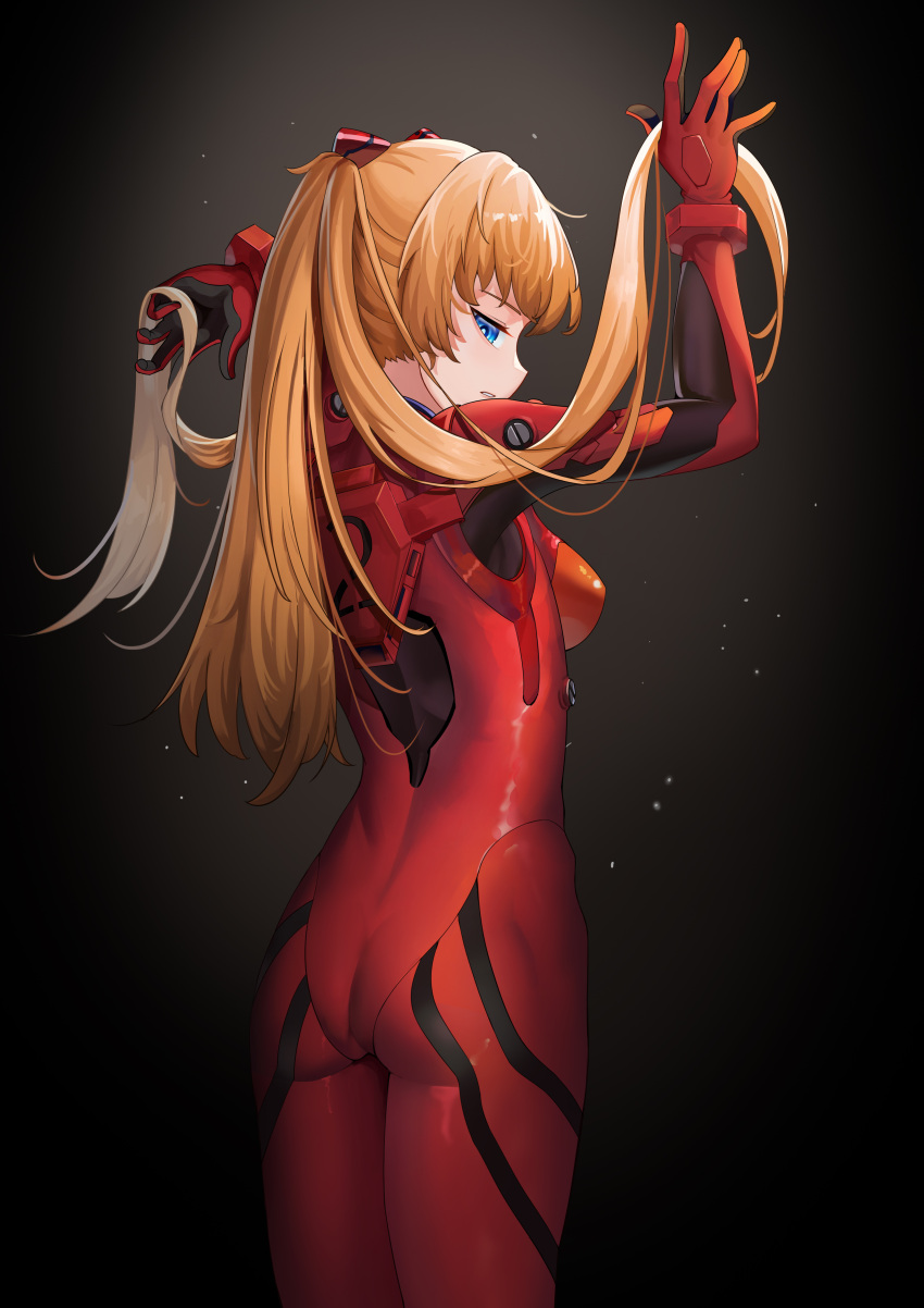 1girl absurdres arms_up black_background blonde_hair blue_eyes bodysuit breasts cowboy_shot from_behind highres holding holding_hair long_hair looking_at_viewer looking_back medium_breasts neon_genesis_evangelion parted_lips plugsuit profile red_bodysuit shiny shiny_hair skin_tight solo souryuu_asuka_langley standing twintails very_long_hair zhouleihao