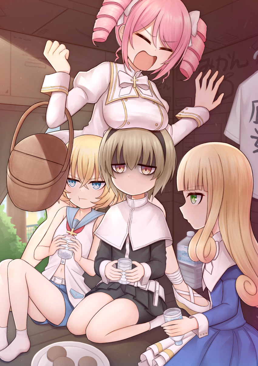 5girls absurdres atorie basket blonde_hair blue_eyes blue_shorts blush breast_rest breasts breasts_on_head closed_eyes closed_mouth cookie cup drill_hair food green_eyes hairband highres indoors jashin-chan_dropkick large_breasts lierre long_hair looking_at_another multiple_girls navel no_mouth open_mouth orange_eyes pekora_(jashin-chan_dropkick) pink_hair pino_(jashin-chan_dropkick) poporon_(jashin-chan_dropkick) scared shiny shiny_hair short_hair shorts small_breasts twin_drills