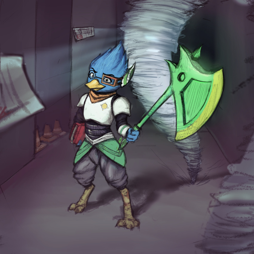 2022 3_toes 4_fingers anthro armor avian axe beak berdly bird blue_body book claws daknaneko deltarune digital_media_(artwork) eyewear feet fingers glasses hi_res holding_object holding_weapon looking_at_viewer male melee_weapon scarf smile solo standing toe_claws toes tornado undertale_(series) video_games weapon