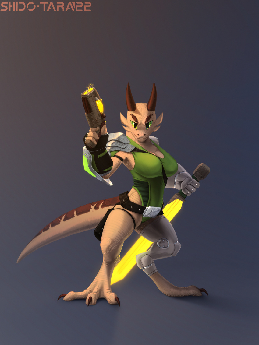 6-9 absurd_res alien anthro armor belt bodysuit clothing costume cybernetic_arm cybernetic_limb cybernetics cyborg energy_sword female gun hi_res lizard machine melee_weapon ranged_weapon reptile scalie shido-tara simple_background skinsuit solo sword tight_clothing weapon