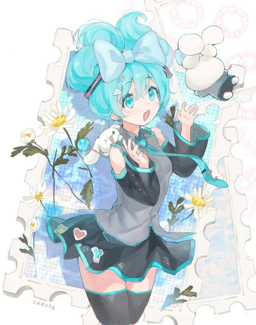 1girl 2others bangs black_skirt black_thighhighs blue_bow blue_eyes blue_hair blue_nails blue_necktie bow candy cinnamiku cinnamoroll cloud_hair_ornament commentary cosplay creature creature_on_shoulder daisy detached_sleeves flower food grey_shirt hair_between_eyes hair_bow hair_ornament hands_up hatsune_miku hatsune_miku_(cosplay) highres lollipop long_sleeves miniskirt multiple_others musical_note musical_note_hair_ornament nail_polish necktie on_shoulder open_mouth shirt skirt sleeveless sleeveless_shirt solo thighhighs updo vocaloid ziyue