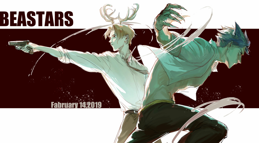 2boys 33469_(lofter) animal_ears antlers beastars black_pants blood blue_hair brown_hair brown_necktie brown_pants charging_forward collared_shirt copyright_name cowboy_shot deer_boy dress_shirt english_text engrish_text finger_on_trigger fingernails from_side gun handgun highres holding holding_gun holding_weapon legoshi long_fingernails long_sleeves looking_away louis_(beastars) male_focus multiple_boys necktie open_clothes open_shirt outstretched_arm pants personification profile ranguage school_uniform sharp_fingernails shirt short_hair splatter toned toned_male weapon white_shirt wolf_boy wolf_ears