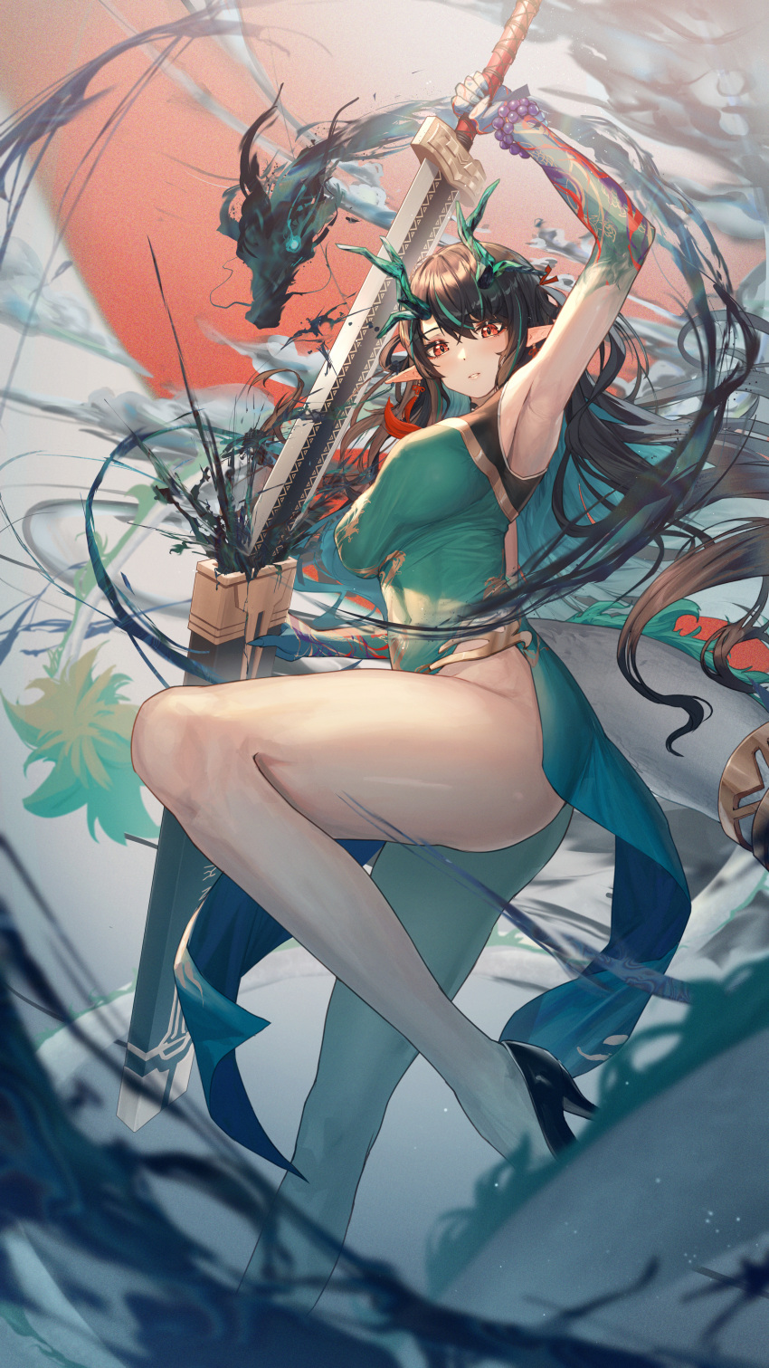 1girl absurdres arknights arm_up armpits ass bare_legs black_footwear black_hair blue_hair blush breasts china_dress chinese_clothes colored_inner_hair colored_skin covered_navel dragon dragon_girl dragon_horns dragon_tail dress dusk_(arknights) dusk_(everything_is_a_miracle)_(arknights) earrings green_dress green_skin high_heels highres holding holding_sword holding_weapon horns ink jewelry large_breasts leg_up long_hair looking_at_viewer mazel_(mazel_star) multicolored_hair official_alternate_costume parted_lips pelvic_curtain pointy_ears red_eyes red_sky sheath sky sleeveless sleeveless_dress smile solo standing standing_on_one_leg sword tail two-tone_hair unsheathing very_long_hair weapon