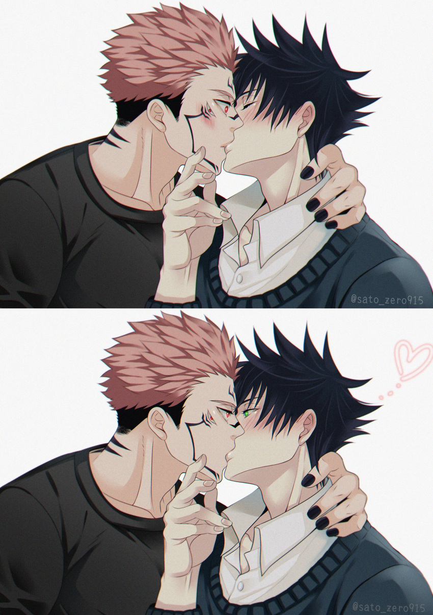 2boys black_hair black_nails black_shirt blue_sweater blush closed_eyes commentary_request couple extra_eyes eye_contact facial_tattoo facing_another fingernails fushiguro_megumi grabbing_another's_chin green_eyes hand_around_neck hand_on_another's_chin heart highres jujutsu_kaisen kiss looking_at_another male_focus multiple_boys pink_hair red_eyes ryoumen_sukuna_(jujutsu_kaisen) sato_zero915 shirt short_hair spiked_hair sweater tattoo undercut white_shirt yaoi
