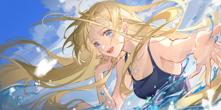 1girl absurdres bare_arms bare_shoulders blonde_hair blue_eyes blue_swimsuit breasts cleavage cloud crow_yayu day floating_hair highres holding holding_hair jewelry kofune_ushio long_hair looking_at_viewer necklace one-piece_swimsuit open_mouth outdoors outstretched_arm partially_submerged shell_necklace smile solo summertime_render swimsuit upper_body water