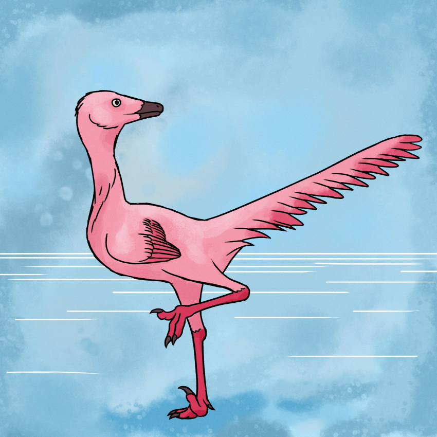 1:1 3_toes absurd_res ambiguous_gender beak black_beak black_claws blue_background claws dewclaw dinosaur feathered_dinosaur feathers feet feral hi_res kutv looking_back on_one_leg pink_body pink_feathers reptile scalie simple_background sinornithoides sketch sketch_background solo standing tagme toes water