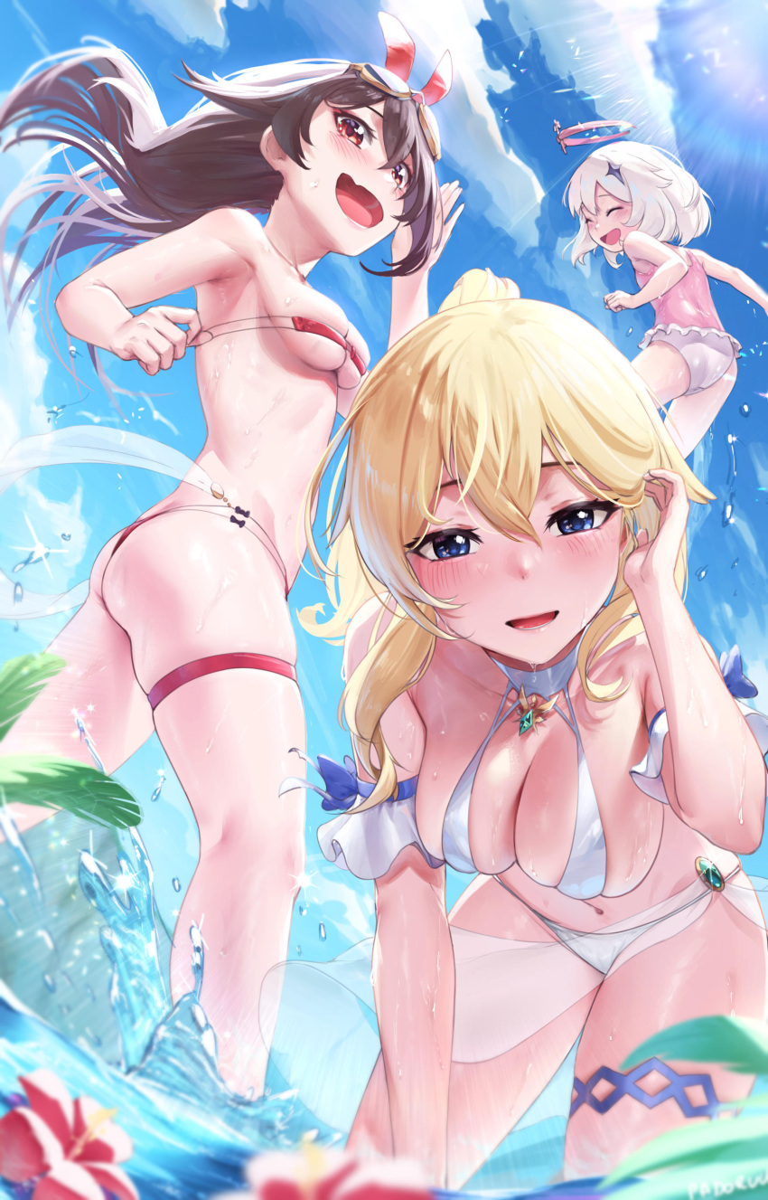 3girls absurdres amber_(genshin_impact) bikini blonde_hair blue_sky blush breasts brown_hair cleavage day flower genshin_impact hair_flower hair_ornament hair_ribbon highres jean_(genshin_impact) multiple_girls one-piece_swimsuit outdoors padoruu paimon_(genshin_impact) ribbon shorts skindentation sky swimsuit thigh_strap water wet white_hair white_shorts yellow_eyes