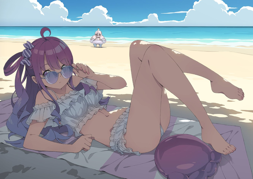 1girl ahoge bangs bare_legs barefoot beach beach_towel bikini blue_hair breasts closed_mouth day frilled_bikini frills gradient_hair hair_rings himemori_luna hololive kanzaki_hiro knees_up long_hair looking_at_viewer luknight_(himemori_luna) lying medium_breasts multicolored_hair nail_polish off-shoulder_bikini off_shoulder on_back outdoors pink_hair pink_nails purple_eyes solo sunglasses swimsuit toenail_polish toenails towel virtual_youtuber white_bikini