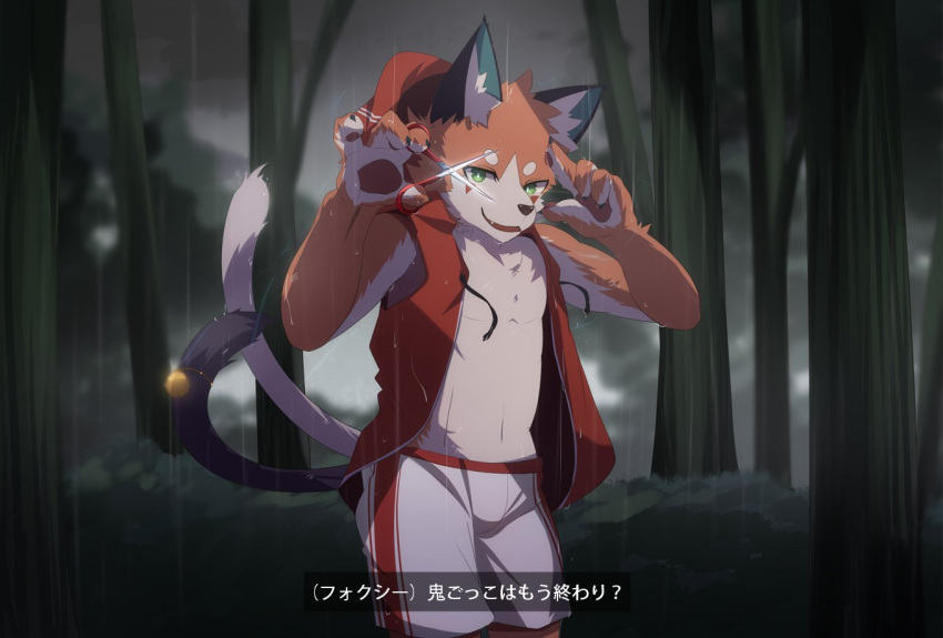 2019 5_fingers anthro bottomwear canid canine clothing dark_forest dialogue_box fingers fox foxy_(nekojita) hoodie looking_at_viewer male mammal nekojita paws raining red_clothing red_hoodie red_topwear shaded shorts solo text topwear translated_description white_bottomwear white_clothing white_shorts