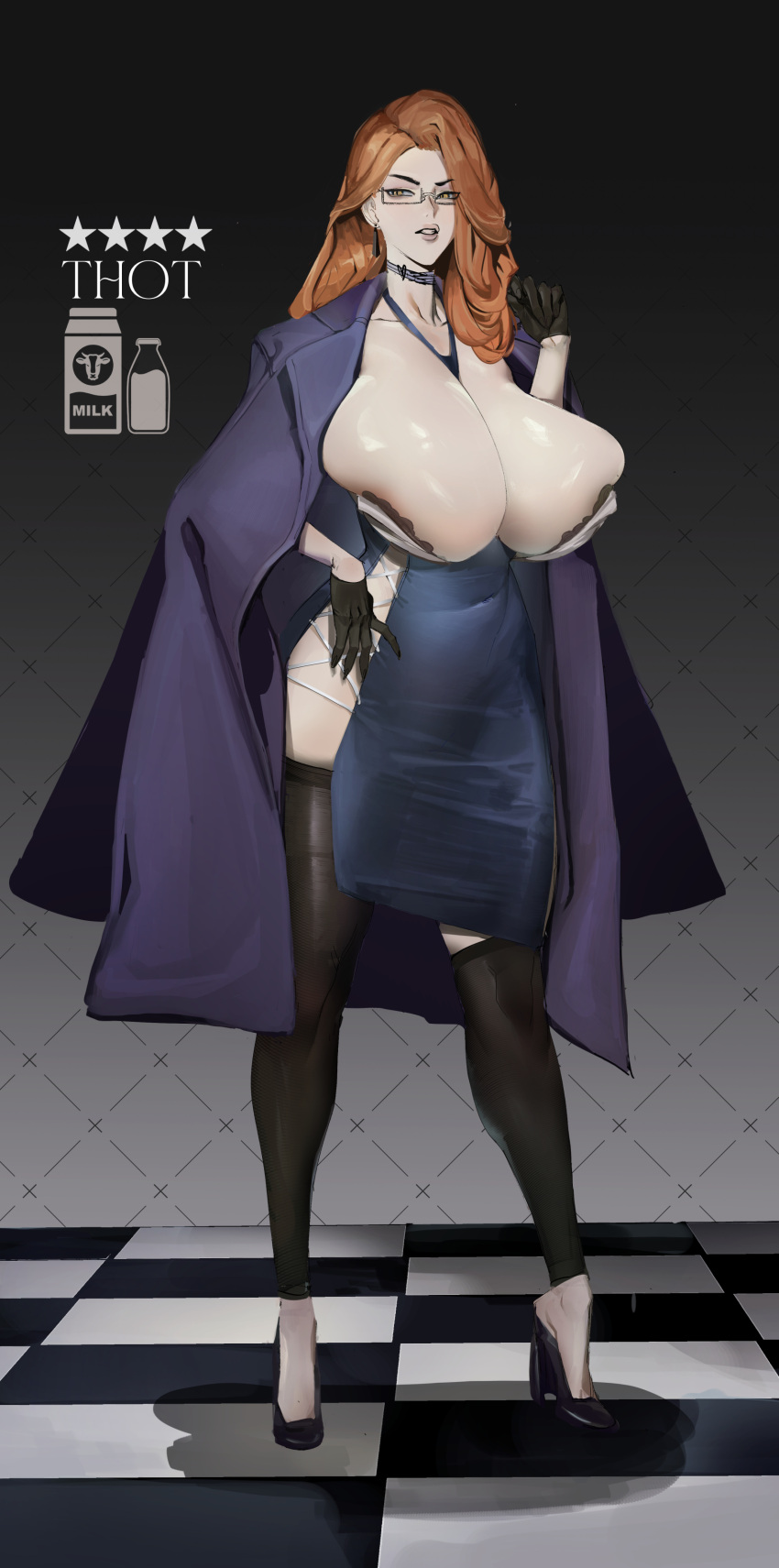 1girl 4_orz absurdres between_breasts black_footwear black_gloves blue_jacket breasts brown_hair choker cleavage earrings glasses gloves high_heels highres huge_breasts jacket jacket_on_shoulders jewelry long_hair looking_to_the_side necktie necktie_between_breasts original parted_lips side_slit thighhighs tile_floor tiles yellow_eyes