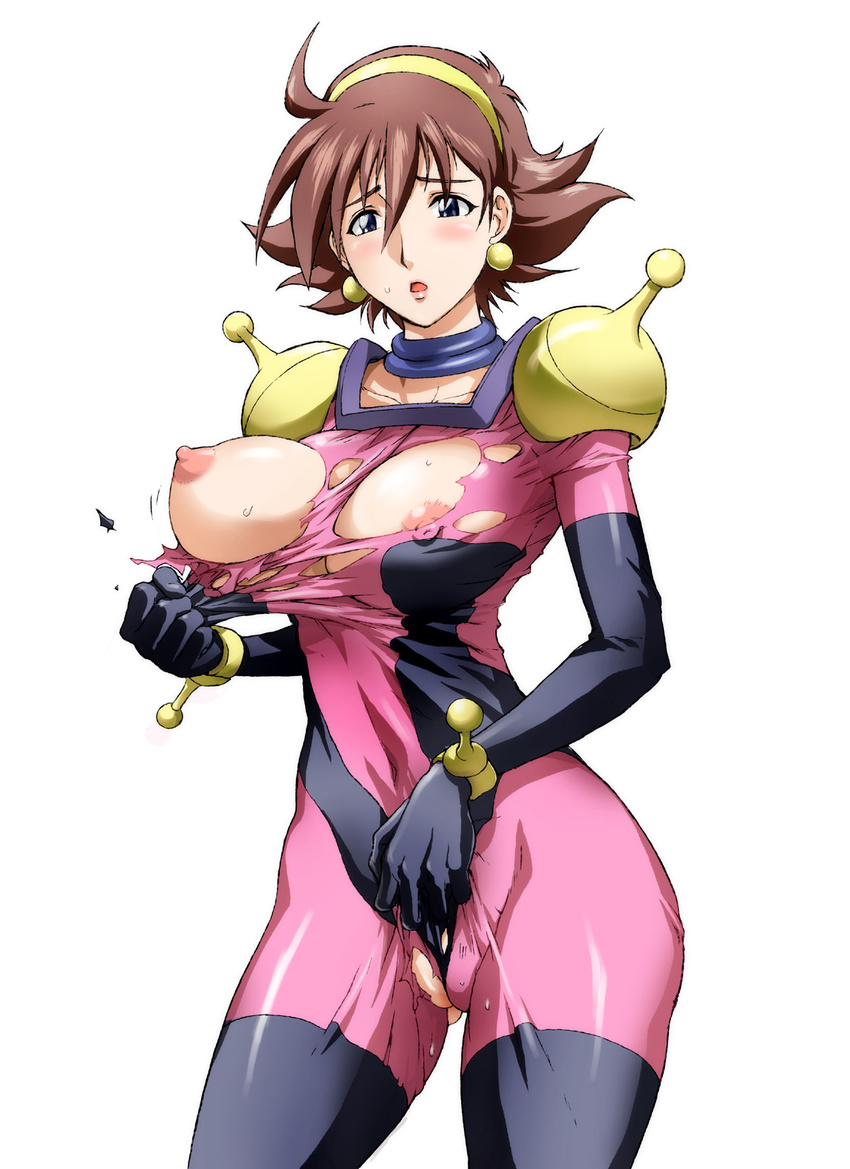 blue_eyes blush bodysuit breasts brown_hair covered_nipples curvy earrings g_gundam gundam highres jewelry konkitto large_breasts looking_at_viewer mobile_trace_suit nipples one_breast_out open_mouth pink_bodysuit pointy_breasts pussy rain_mikamura short_hair shoulder_pads simple_background solo sweat tearing_clothes thighhighs torn_clothes wedgie white_background