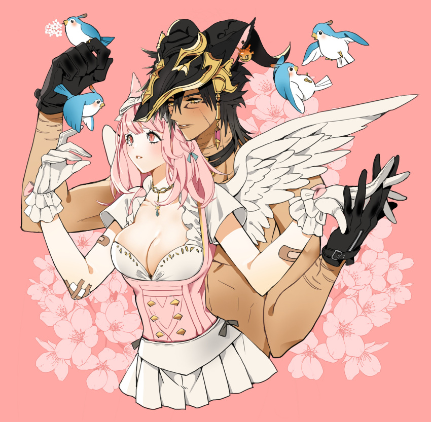 1boy 1girl animal_ears avatar_(ff14) bandage_on_elbow bandaid bandaid_on_arm bird bird_on_hand black_gloves black_hair blue_bird blue_ribbon bomb_(final_fantasy) bow braid breasts cat_ears cherry_blossoms cleavage corset couple cowboy_shot dress facial_mark fake_horns final_fantasy final_fantasy_xiv floral_background flower gloves hair_bow hair_ribbon helmet highres holding holding_flower holding_hands horned_helmet horns kaka_ff14 large_breasts long_hair medium_hair mini_wings miqo'te orange_eyes parted_lips pendant_choker pink_background pink_hair pleated_dress red_eyes ribbon scar scar_on_arm scar_on_cheek scar_on_face short_sleeves topless_male white_bow white_dress white_gloves white_wings wings