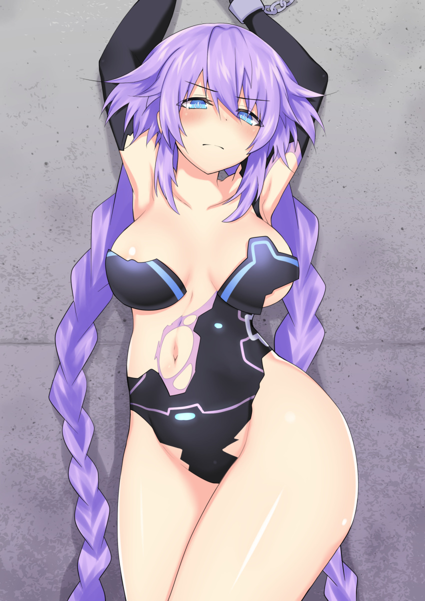 1girl areola_slip armpits arms_up black_gloves black_leotard blue_eyes blush bound bound_arms braid breasts chain chained chained_wrists commentary_request cowboy_shot elbow_gloves embarrassed frown gloves groin hair_between_eyes highres hip_focus katade large_breasts leotard long_hair looking_at_viewer looking_down medium_breasts midriff navel neptune_(series) paid_reward_available power_symbol purple_hair purple_heart restrained solo symbol-shaped_pupils thighs torn_clothes torn_gloves torn_leotard twin_braids twintails underboob very_long_hair