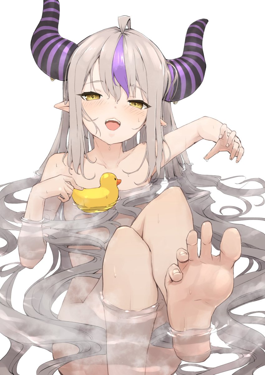 1girl collarbone completely_nude convenient_censoring crossed_legs demon_girl feet flat_chest foot_focus foreshortening grey_hair hair_over_breasts highres hololive horns in_water la+_darknesss light_blush long_hair looking_at_viewer mitsuru_(pixiv_34028718) multicolored_hair naughty_face nude open_mouth pointy_ears rubber_duck simple_background steam streaked_hair striped_horns teeth upper_teeth very_long_hair virtual_youtuber white_background yellow_eyes