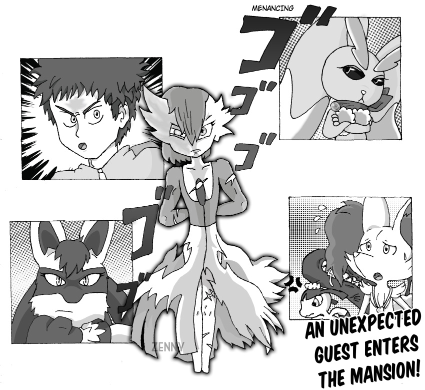 angry angry_eyes black_and_white blind_eye body_scars braixen burned clothing comic_book_style determined digital_media_(artwork) digital_painting_(artwork) fanfic_art female fist gardevoir group hi_res human humanoid japanese_text jewelry looking_at_viewer lopunny lucario male mammal mawile mega_stone monochrome necklace nintendo pok&eacute;mon pok&eacute;mon_(species) pok&eacute;mon_trainer scar scarf scrunchie shirt surprised_expression text topwear torn_clothing torn_shirt torn_topwear tradicional_art video_games worried_look zennybluegenesis