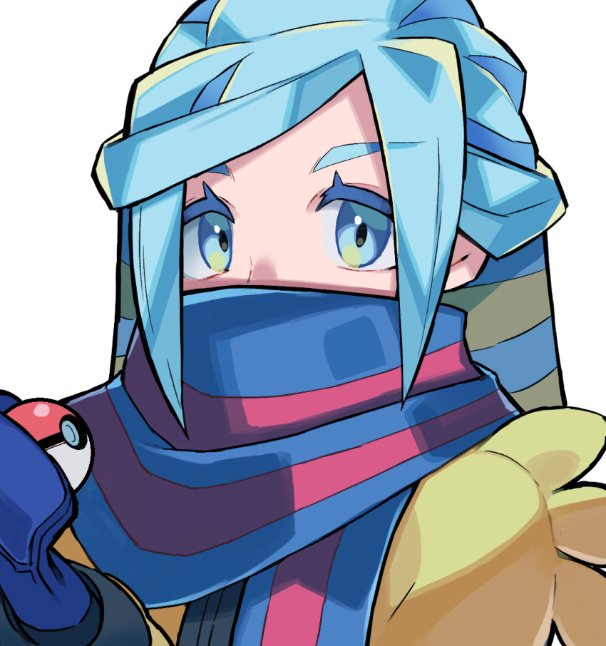 1boy blue_eyes blue_hair blue_mittens commentary_request eyelashes grusha_(pokemon) hand_up holding holding_poke_ball hyou_(hyouga617) jacket long_hair long_sleeves looking_at_viewer male_focus poke_ball poke_ball_(basic) pokemon pokemon_(game) pokemon_sv scarf scarf_over_mouth solo upper_body white_background yellow_jacket