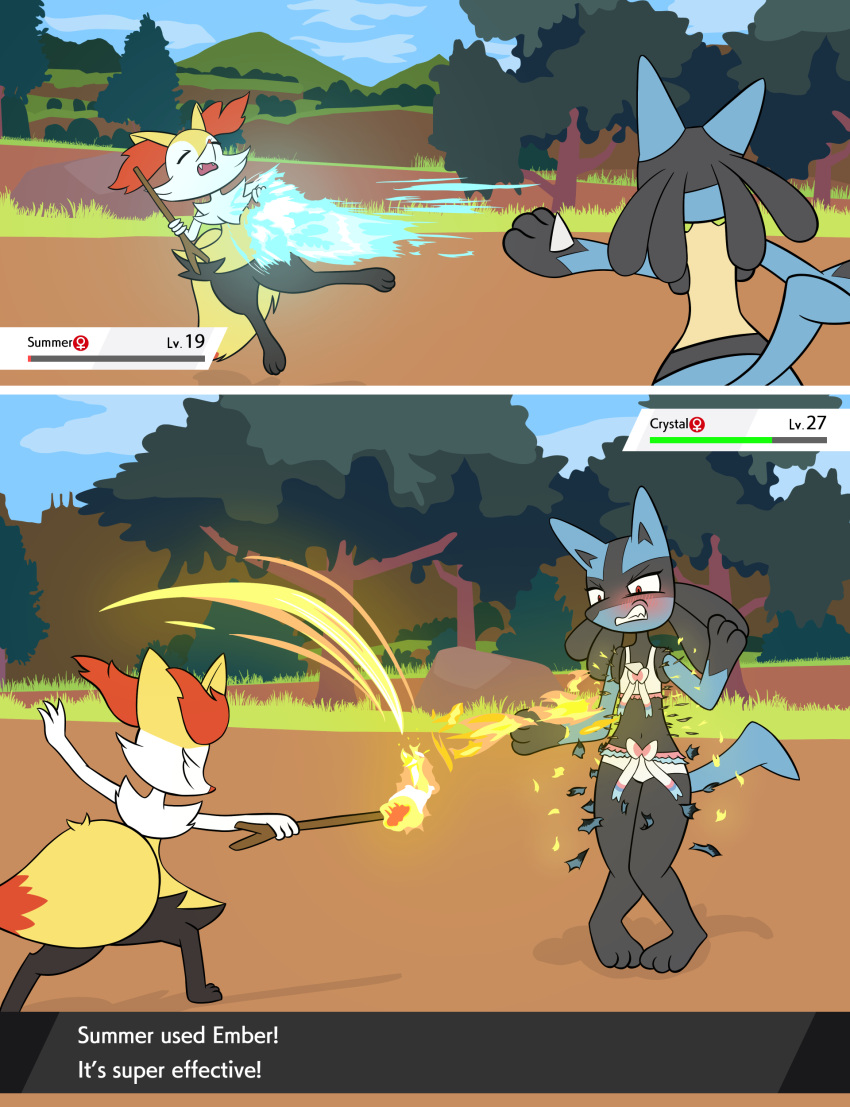 2_panel_comic absurd_res angry assisted_exposure attack aura_sphere battle_damage biped black_body black_fur blue_body blue_fur blush bottomwear bow_bra bow_panties bra braixen burned_clothing chest_spike clenched_teeth clothed clothing comic crystal_(pazymomo) cute_fangs duo embarrassed ember_(move) english_text exploding_clothing female fur gameplay_mechanics hand_spikes hi_res interface looking_down lucario navel nintendo open_mouth outside panties pazymomo pok&eacute;mon pok&eacute;mon_(species) pok&eacute;mon_panties pseudo_clothing_removed pseudo_dress pseudo_skirt public public_exposure raised_arms red_eyes ruffled_bra ruffled_panties spikes spikes_(anatomy) standing summer_(pazymomo) teeth text torn_pseudo_clothing training_bra underwear underwear_only video_games wardrobe_malfunction white_bra white_clothing white_panties white_underwear