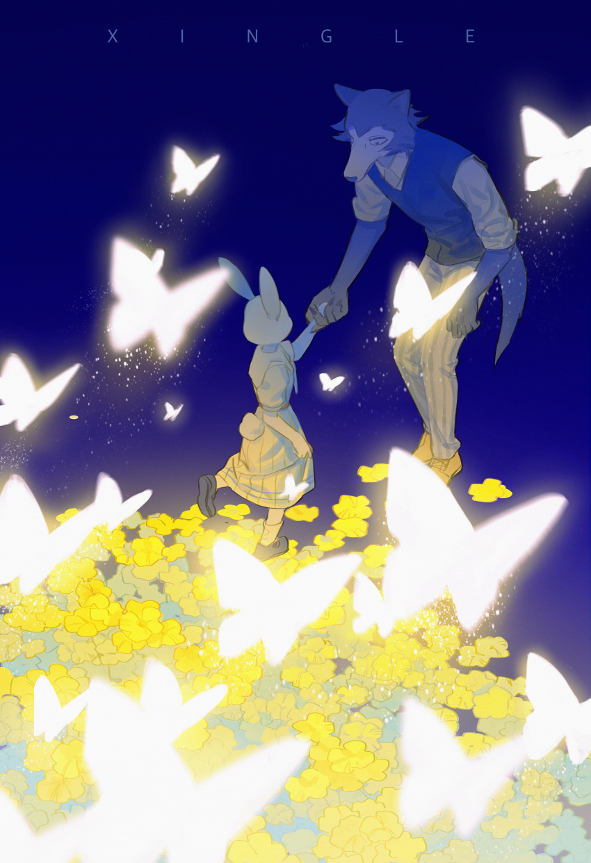 1boy 1girl absurdres artist_name beastars black_footwear blue_background blue_vest bug butterfly collared_shirt dancing dress field flock flower flower_field furry furry_female furry_male glowing_butterfly haru_(beastars) height_difference highres holding_hands legoshi legs_together light_particles looking_at_another looking_away looking_down pants rabbit_girl school_uniform shirt shoe_soles shoes short_sleeves skirt_hold sleeves_rolled_up standing standing_on_one_leg vest wolf_boy xingle yellow_flower yellow_footwear