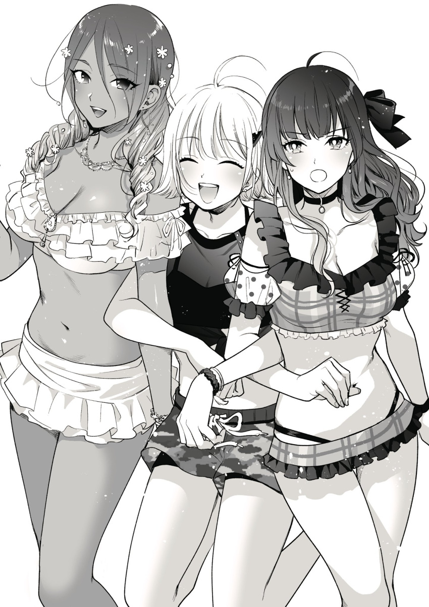 3girls ahoge arm_hug bikini bikini_skirt blush bracelet breasts camouflage camouflage_shorts cleavage collarbone crop_top dark-skinned_female dark_skin drill_hair earrings flower frilled_bikini frills greyscale hagyouayumu hair_flower hair_ornament highleg highleg_bikini highres hoop_earrings idolmaster idolmaster_shiny_colors izumi_mei jewelry jumping large_breasts looking_at_another looking_at_viewer mayuzumi_fuyuko monochrome multiple_girls navel see-through see-through_shirt serizawa_asahi shorts simple_background smile straylight_(idolmaster) sweatdrop swimsuit twin_drills wavy_hair white_background