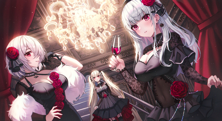 3girls absurdres alcohol alternate_costume anchor_ornament azur_lane bangs black_choker black_dress black_gloves black_thighhighs blonde_hair blunt_bangs blush breasts ceiling chandelier choker cleavage cup curtains detached_sleeves dido_(azur_lane) dress drink drinking_glass dutch_angle earrings flower formidable_(azur_lane) fur_shawl garter_straps gloves grey_hair hair_flower hair_ornament hand_on_hip highres holding holding_cup indoors jewelry large_breasts layered_dress lipstick long_sleeves looking_at_viewer makeup multiple_girls parted_lips pink_eyes poise print_sleeves red_eyes red_flower red_rose rose shawl short_hair single_detached_sleeve single_glove sirius_(azur_lane) skirt_hold smile stairs standing thighhighs twintails wine wine_glass zettai_ryouiki