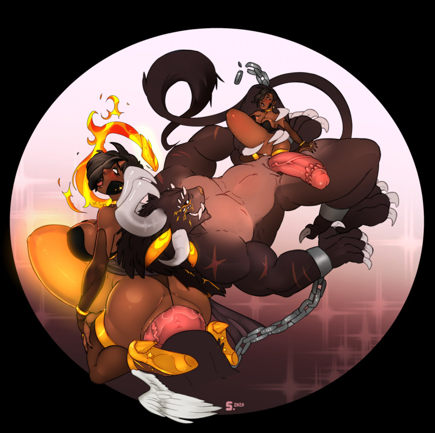 2020 2_penises 4_ears 4_horns abdominal_bulge anthro anthro_penetrating anthro_penetrating_human big_penis biped black_body black_fur blush breasts charr claws cuff_(restraint) dark_body dark_skin deep_penetration digital_media_(artwork) duo erection extreme_penetration fangs felid female finger_claws fleshlight_position fur genitals grin guild_wars hi_res horn human human_on_anthro human_penetrated interspecies larger_anthro larger_male lying male male/female mammal multi_ear multi_genitalia multi_horn multi_penis on_back penetration penile penile_penetration penis penis_in_pussy restraints shackles size_difference smaller_female smaller_human smile sufficient_(artist) tan_body tan_fur toe_claws vaginal vaginal_penetration video_games