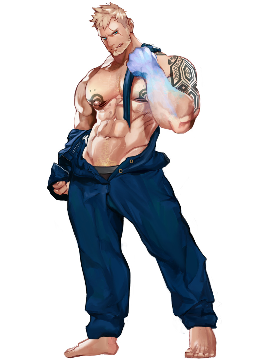 1boy :q a_(phrase) aaron_huton_(cyphers) abs absurdres arm_tattoo artist_request bara bare_pectorals barefoot beard black_male_underwear chest_hair chest_tattoo cyphers edging_underwear facial_hair full_body glowing_arm highres large_pectorals looking_at_viewer male_focus male_pubic_hair male_underwear male_underwear_peek mature_male muscular muscular_male navel navel_hair nipple_tattoo nipples open_overalls overalls pectorals pubic_hair seductive_smile short_hair smile solo stomach tattoo tongue tongue_out underwear
