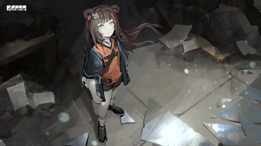 1girl absurdres animal_ears arknights bear_ears bear_girl black_footwear black_jacket black_shorts blue_eyes brown_hair crossed_bandaids earbuds earphones full_body highres holding jacket multicolored_hair official_alternate_costume open_clothes open_jacket orange_shirt paper qiumoyixing red_hair shirt shoes shorts socks solo standing streaked_hair white_socks wind zima_(arknights) zima_(ursusio79)_(arknights)