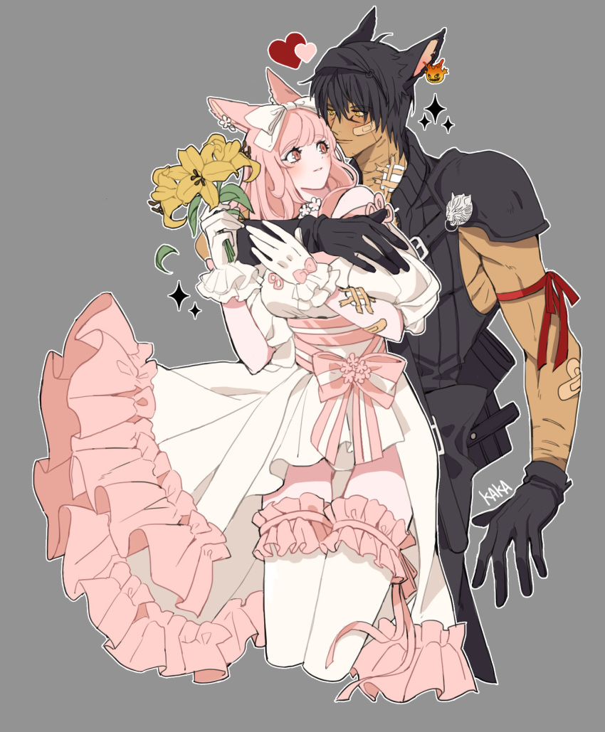 1boy 1girl animal_ears arm_around_neck arm_ribbon armor avatar_(ff14) bandaged_neck bandages bandaid bandaid_on_face bangs bare_shoulders black_gloves black_hair black_shirt blunt_bangs bomb_(final_fantasy) bouquet bow breasts cat_ears cloud_strife cloud_strife_(cosplay) cosplay couple cowboy_shot detached_sleeves dress earrings facial_mark falling_leaves final_fantasy final_fantasy_xiv flower flower_earrings frilled_dress frilled_thighhighs frills gloves grey_background hair_between_eyes hair_bow heart hetero high_collar highres holding holding_bouquet hug hug_from_behind jewelry kaka_ff14 leaf long_hair looking_at_another medium_breasts miqo'te muscular muscular_male orange_eyes pale_skin panties parted_lips pink_hair pink_trim puffy_sleeves red_eyes red_ribbon ribbon shirt short_hair shoulder_armor sleeveless sleeveless_shirt sparkle striped striped_bow thigh_gap thighhighs underwear white_bow white_dress white_gloves white_panties white_thighhighs wolf yellow_flower