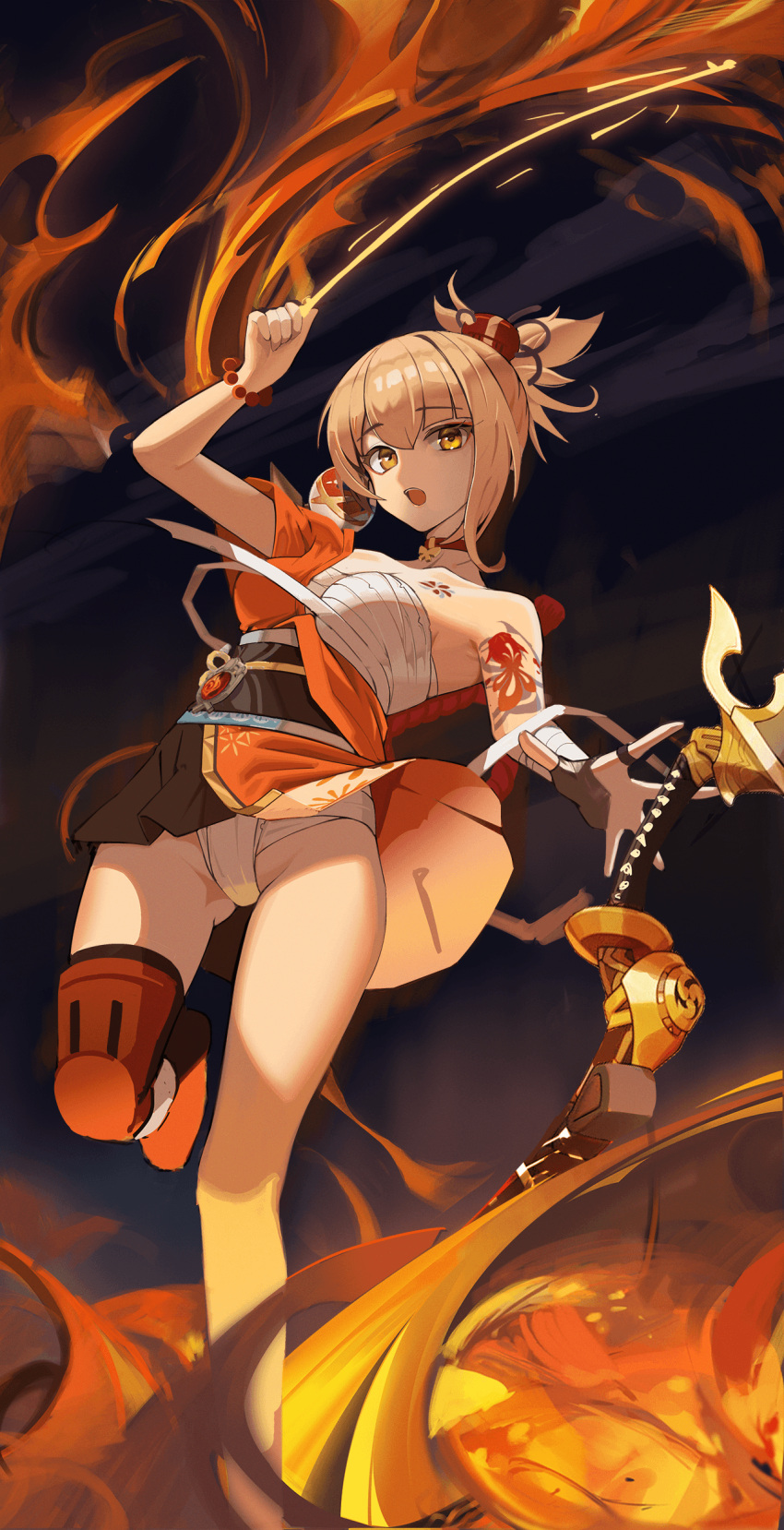 1girl absurdres arm_tattoo ass_visible_through_thighs bandaged_arm bandages bangs bare_shoulders bead_bracelet beads black_gloves boots bow_(weapon) bracelet breasts brown_eyes brown_hair collarbone fire fundoshi genshin_impact gloves highres japanese_clothes jewelry kimono leg_up looking_at_viewer medium_breasts night night_sky obi open_clothes open_kimono open_mouth outdoors partially_fingerless_gloves red_footwear red_kimono regenerate-x running sarashi sash short_hair short_ponytail single_glove single_thigh_boot sky solo tattoo thigh_boots weapon yoimiya_(genshin_impact)