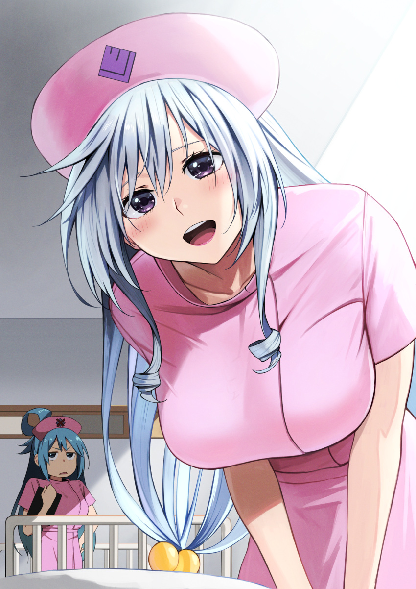 2girls :d aqua_(konosuba) bangs bed blue_hair blush breasts contemporary eris_(konosuba) gradient gradient_background grey_hair hat highres hospital ii_desu_ka_ochitsuite_kiite_kudasai_(meme) izawa_(bhive003) kono_subarashii_sekai_ni_shukufuku_wo! large_breasts long_hair looking_at_viewer meme multiple_girls nurse nurse_cap red_eyes shiny shiny_hair short_sleeves smile teeth tongue upper_teeth