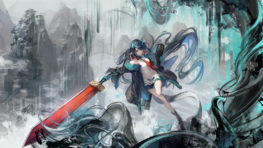 1girl arknights bare_legs bare_shoulders black_footwear black_hair blue_hair boots bracelet breasts closed_mouth colored_skin dragon dragon_girl dragon_horns dragon_tail dress dusk_(arknights) earrings full_body gradient_hair green_skin highres holding holding_sword holding_weapon horns huge_weapon ink jewelry knee_boots kyusoukyu leg_up long_hair looking_at_viewer medium_breasts mountain multicolored_hair necktie off_shoulder outstretched_arm pointy_ears red_eyes red_necktie sheath short_dress solo sword tail unsheathed very_long_hair weapon white_dress