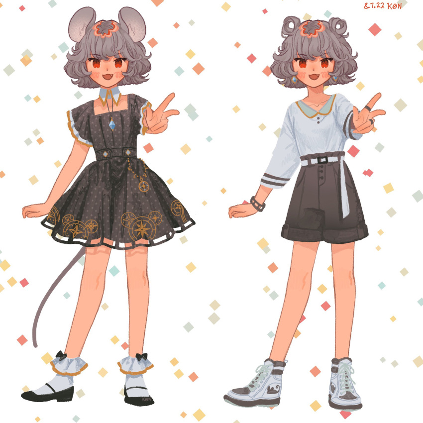 1girl :d alternate_costume animal_ears artist_name belt black_footwear blush_stickers bow collar collarbone compass_rose cross-laced_footwear dated detached_collar dot_nose double_bun dress fang gem grey_dress grey_hair grey_shorts hair_bun highres jewelry k0nfette mouse_ears mouse_girl nazrin necklace red_eyes shirt shirt_tucked_in shoes short_dress short_hair short_sleeves shorts smile sneakers socks square_neckline touhou v white_background white_belt white_collar white_footwear white_shirt white_socks