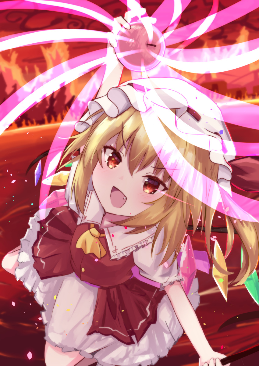 1girl absurdres adapted_costume apple arm_up ascot blonde_hair breasts collared_shirt commentary_request crystal fang fire flandre_day flandre_scarlet food frilled_shirt_collar frilled_skirt frilled_sleeves frills from_above fruit hair_between_eyes hat hat_ribbon highres holding holding_food holding_fruit looking_at_viewer looking_up medium_hair mixed-language_commentary mob_cap multicolored_wings open_mouth puffy_sleeves red_background red_eyes red_ribbon red_theme red_vest ribbon ribbon-trimmed_headwear ribbon_trim shiny shiny_hair shirt skirt small_breasts solo touhou vest white_headwear white_shirt white_skirt wings yellow_ascot yuba39ra
