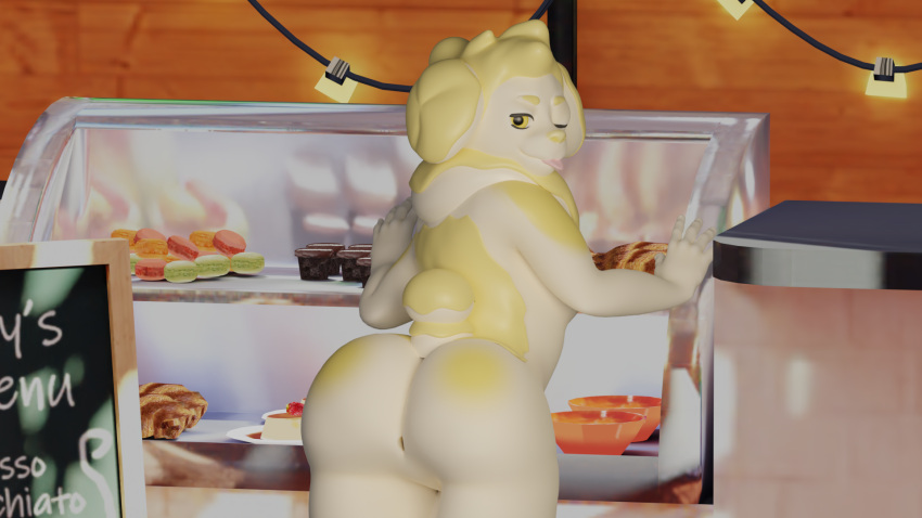 3d_(artwork) anthro anus bent_over big_butt blender_(software) butt cafe cake canid canine canis dessert digital_media_(artwork) domestic_dog fidough food girly hi_res huge_butt itazura_(artist) looking_at_viewer male mammal nintendo one_eye_closed pastry perineum pok&eacute;mon rear_view smug solo source_filmmaker tongue tongue_out video_games wink