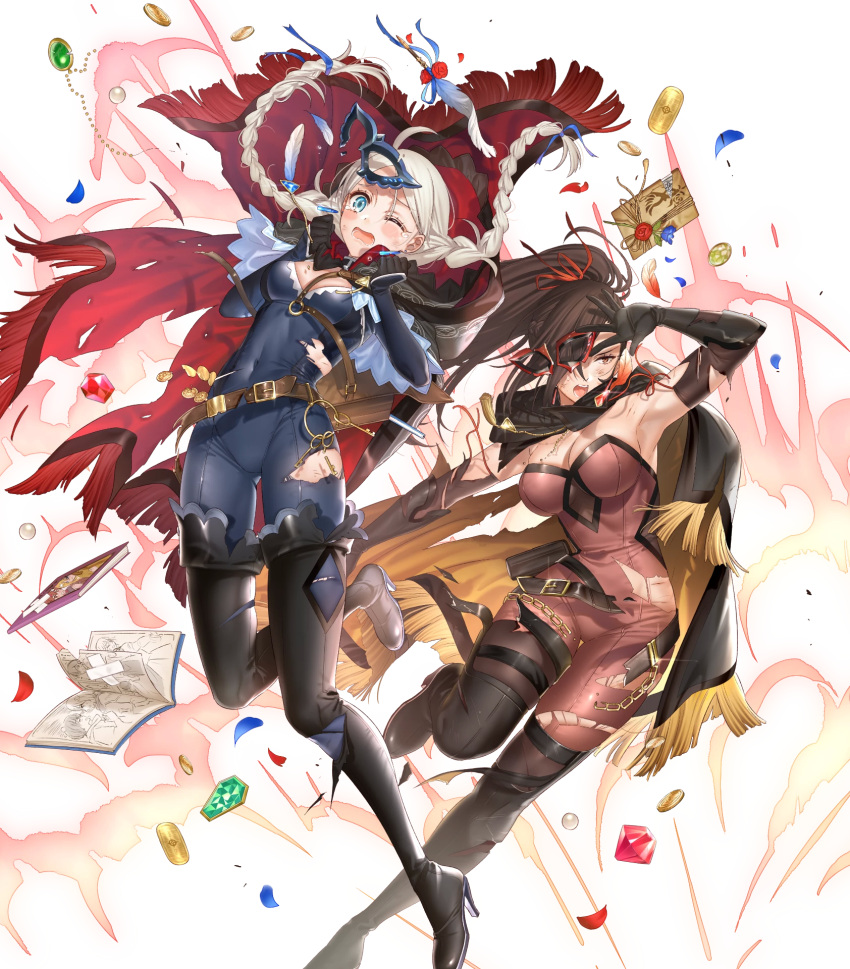 2girls belt blue_eyes bodysuit boots braid breasts brown_eyes brown_hair cape fire_emblem fire_emblem_fates fire_emblem_heroes full_body gloves highres hood kagero_(fire_emblem) key kippu long_hair long_sleeves mask medium_breasts multiple_girls nina_(fire_emblem) non-web_source official_art ponytail skin_tight thigh_boots transparent_background twin_braids white_hair