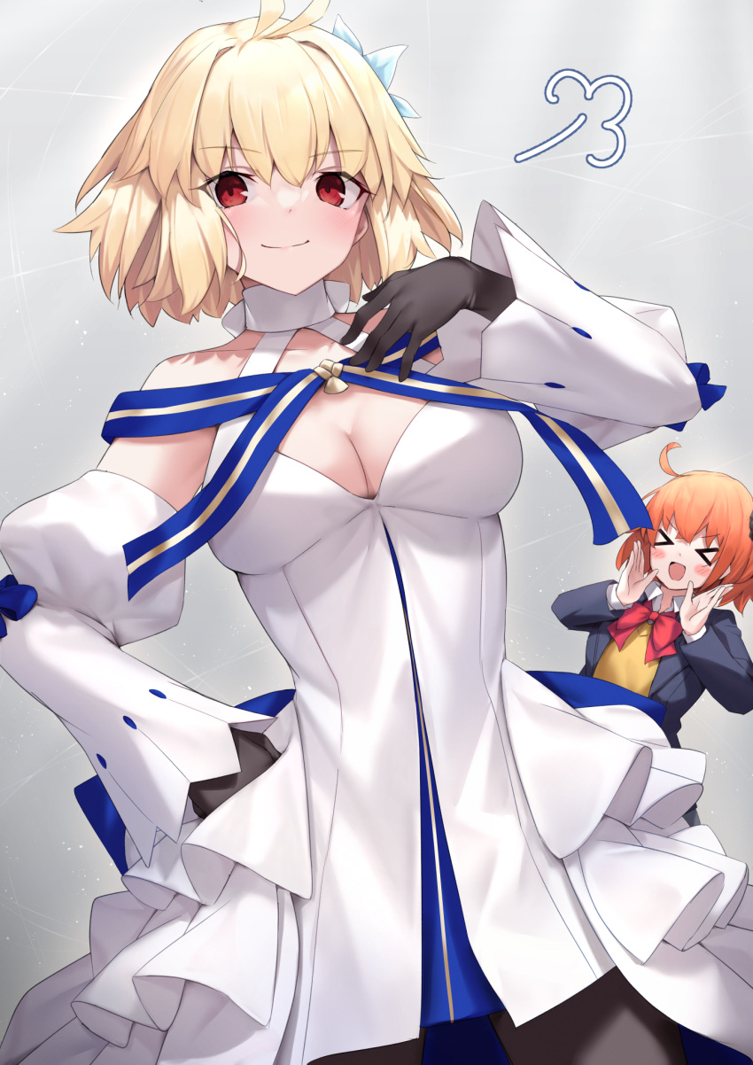 &gt;o&lt; 2girls ahoge antenna_hair archetype_earth arcueid_brunestud bangs black_gloves black_jacket black_pantyhose black_scrunchie blonde_hair blush blush_stickers bow bowtie breasts cleavage closed_eyes closed_mouth collarbone collared_shirt commentary_request detached_sleeves dress fate/grand_order fate_(series) fujimaru_ritsuka_(female) fujimaru_ritsuka_(female)_(souya_high_school_uniform) gloves hair_between_eyes hair_ornament hair_scrunchie highres jacket large_breasts looking_at_viewer multiple_girls open_clothes open_jacket open_mouth orange_hair pantyhose red_bow red_eyes reuri_(tjux4555) school_uniform scrunchie shirt short_hair side_ponytail simple_background smile tsukihime tsukihime_(remake) uniform vest white_dress white_shirt wide_sleeves yellow_vest