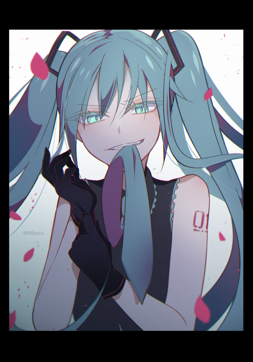 1girl absurdres adjusting_clothes adjusting_gloves aqua_eyes aqua_hair biting biting_clothes gloves hatsune_miku highres mouth_hold necktie necktie_in_mouth nibxxx sleeveless solo twintails vocaloid