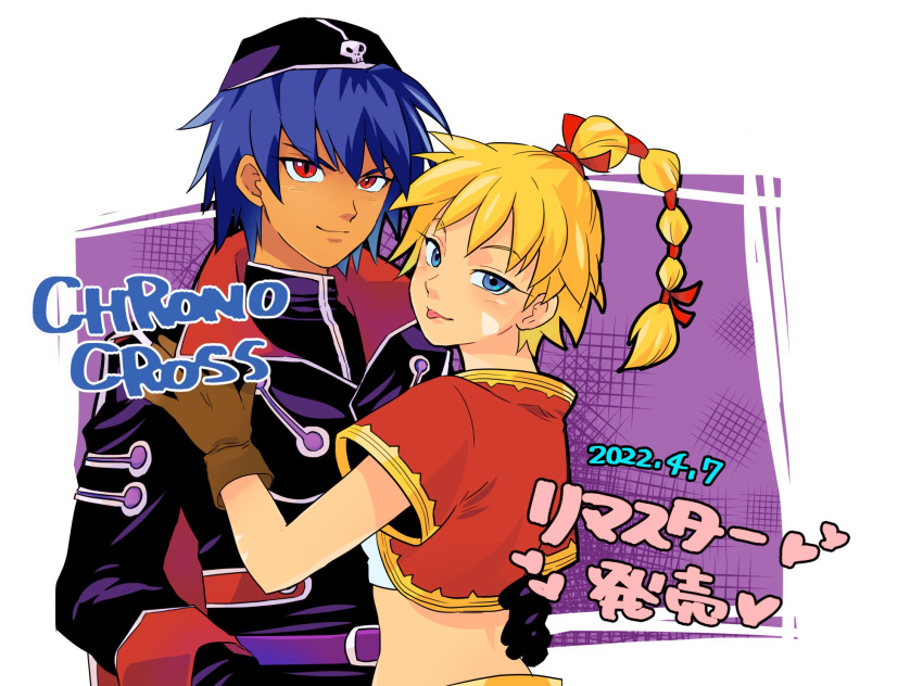 1boy 1girl 8warebw black_gloves black_headwear blonde_hair blue_eyes blue_hair brown_gloves chrono_cross crop_top cropped_jacket dark_serge_(chrono_cross) dated facial_mark gloves gold_trim hair_between_eyes hair_ribbon hand_on_another's_back hand_on_another's_shoulder hat high_collar highres jacket kid_(chrono_cross) long_hair long_sleeves looking_at_viewer midriff military military_uniform multi-tied_hair open_collar ponytail red_eyes red_jacket red_ribbon ribbon shirt short_hair short_sleeves skull smile tongue tongue_out uniform upper_body white_background white_shirt