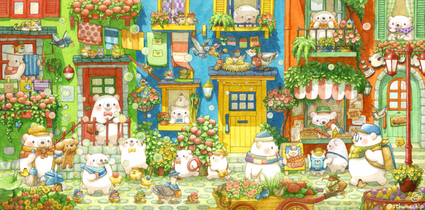 bear bird bow bowtie broom bug butterfly cat day door duck dustpan envelope highres holding holding_broom hot_dog ketchup mouse no_humans original outdoors polar_bear railing red_bow red_bowtie scenery st.kuma twitter_username